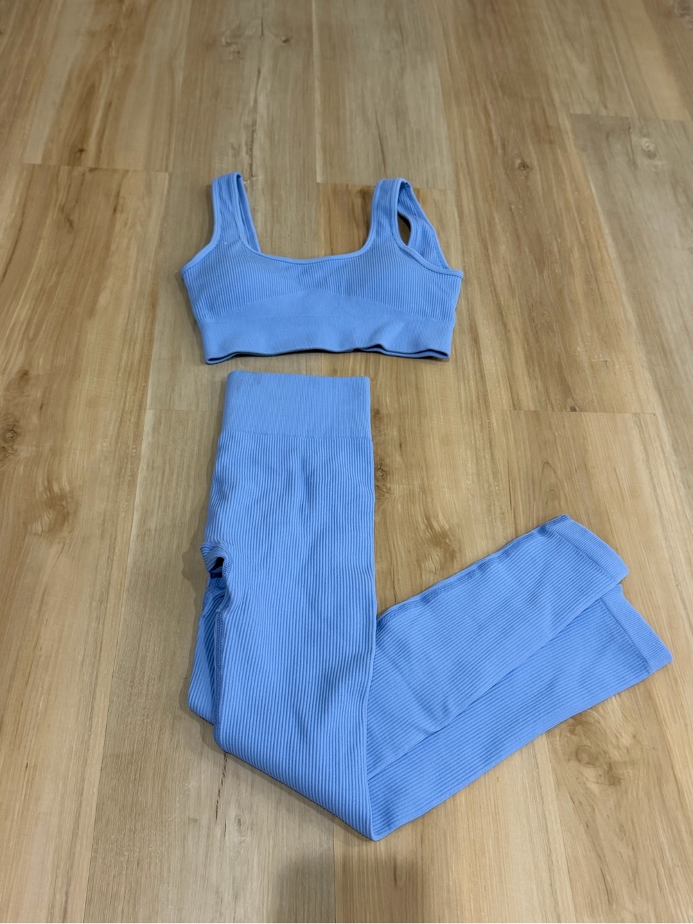 Light Blue Ribbed Seamless Active Set - Sports Bra & Leggings